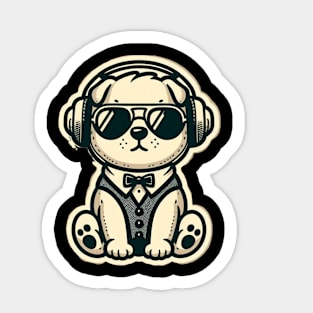 cute puppy in tuxedo with headphones and sunglasses Sticker